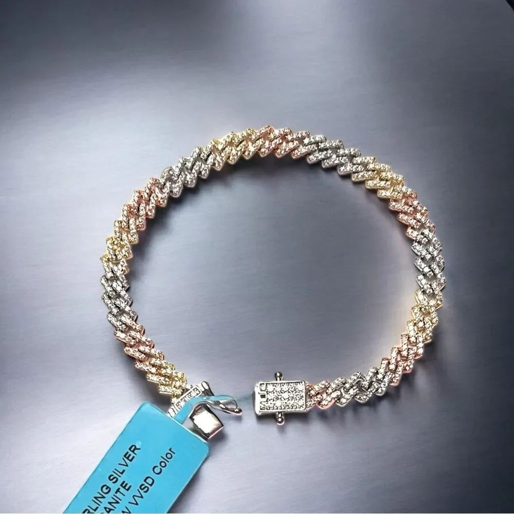 Sterling Silver Moissanite Tri-Color Monaco 7” Bracelet